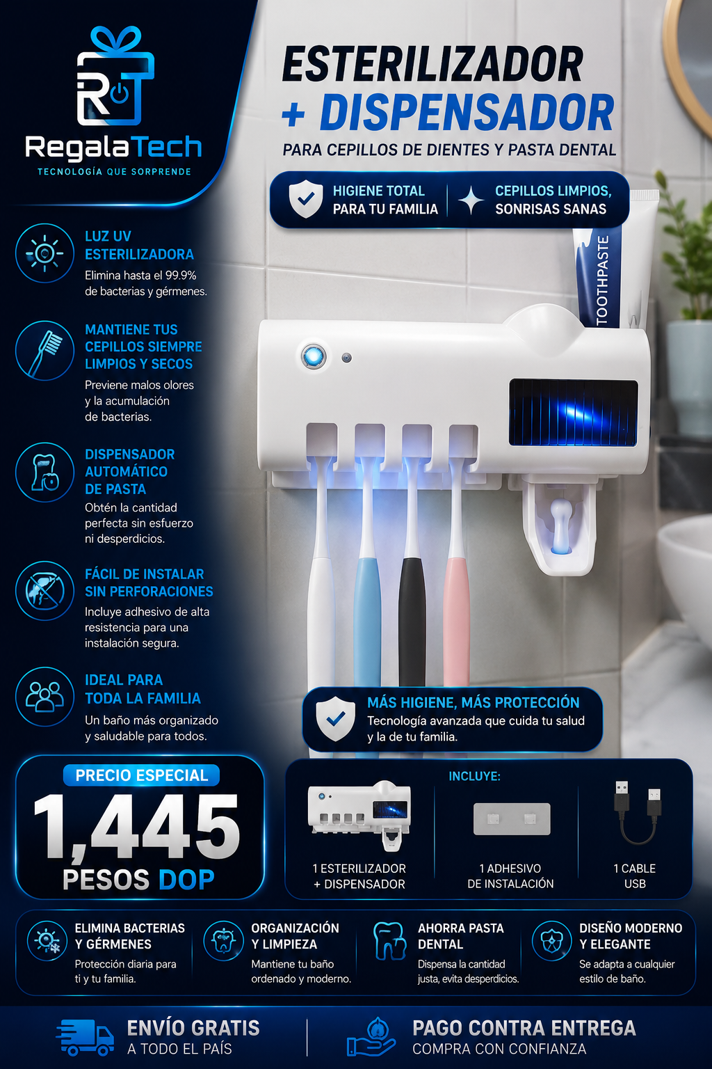 Esterilizador de cepilllos de dientes y dispensador automatico de pasta dental