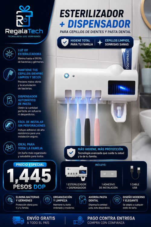 Esterilizador de cepilllos de dientes y dispensador automatico de pasta dental
