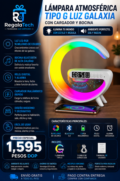 Lámpara Atmosférica Tipo G con Cargador Inalámbrico y Bocina Bluetooth