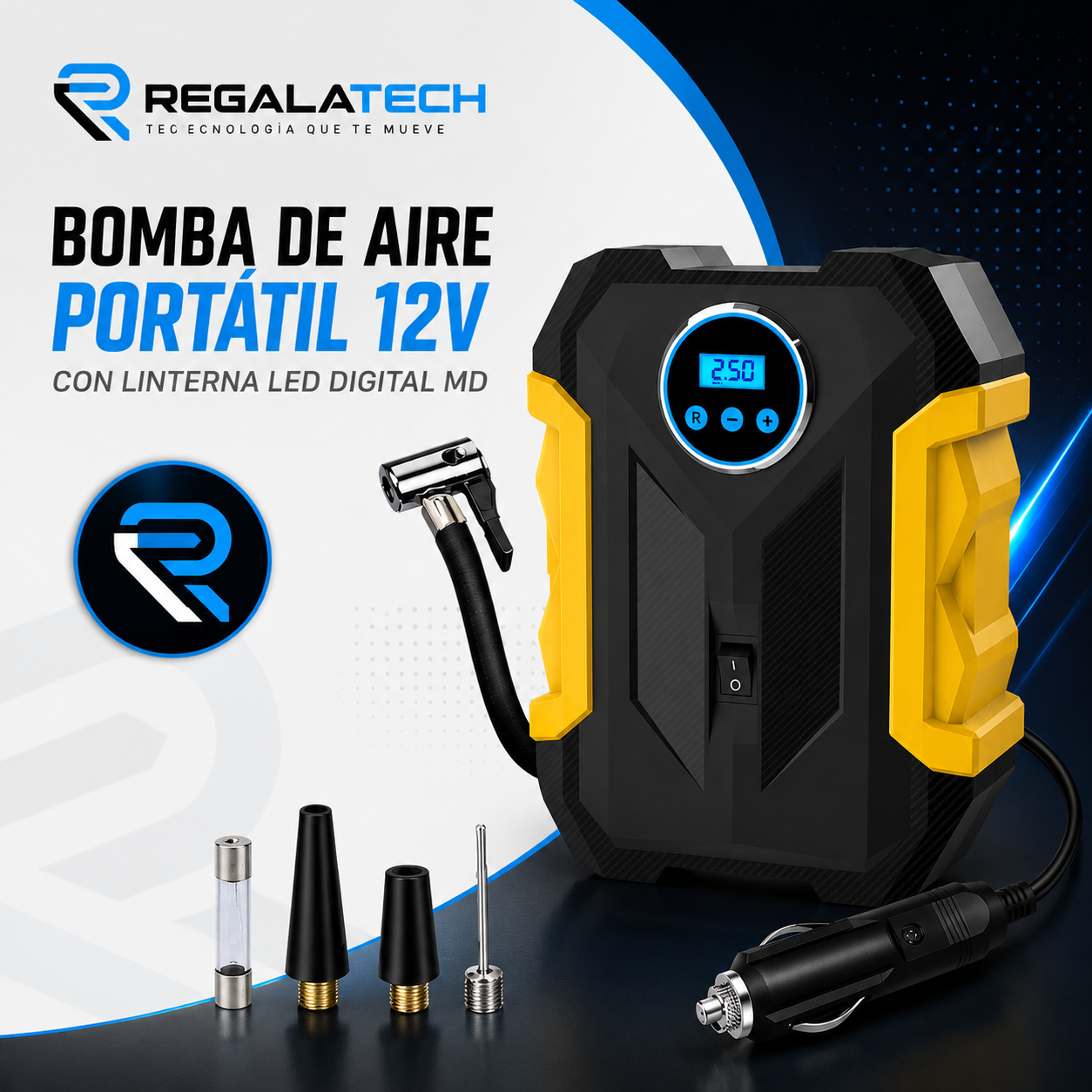 Bomba de aire portátil 12v con linterna LED digital MD